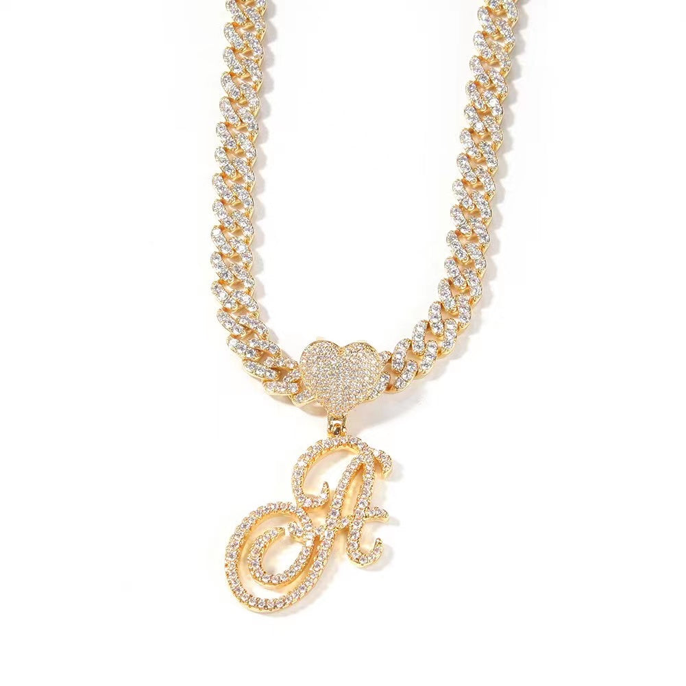 Heart Initial Tennis Cuban Necklace