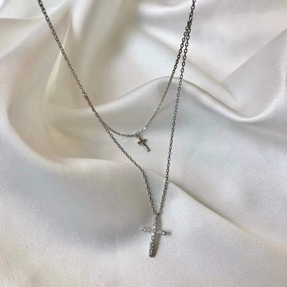 Double Chain Cross Sterling Silver Necklace