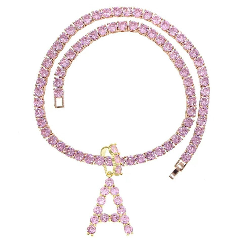 Pink Initial Tennnis Chain Necklace