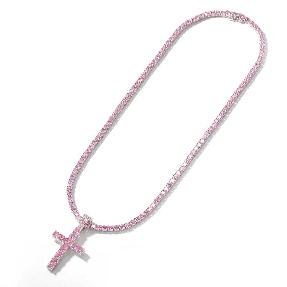 Pink Cross Tennis Necklace